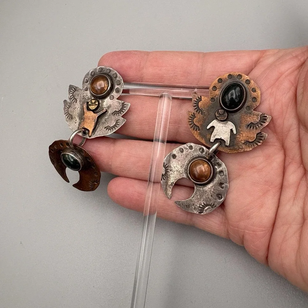 Vintage Native American Pierced Earrings Sterling Silver Copper Signed AS Onyx